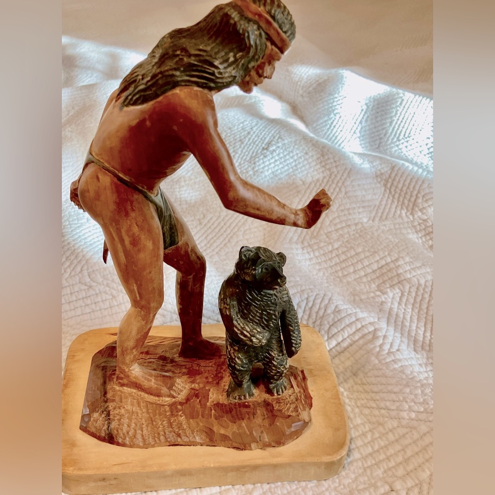 JUNIOR COBB 1966 RARE ORIGINAL WOOD CARVING NATIVE AMERICAN WITH BABY BEAR